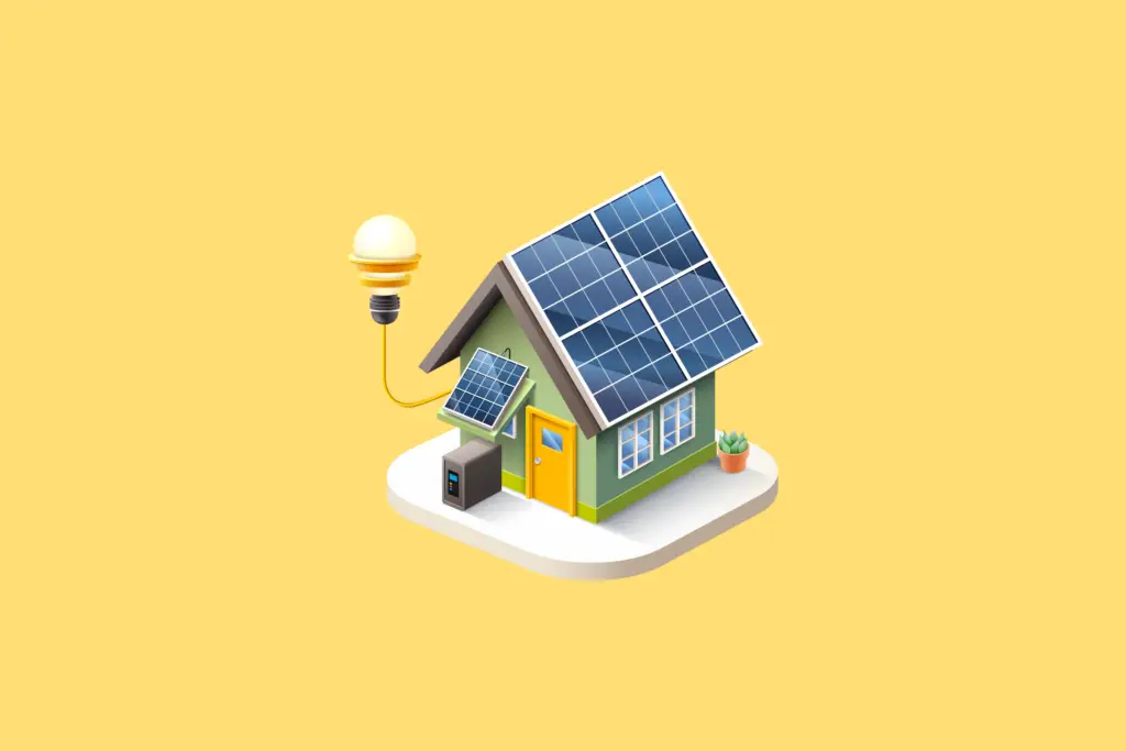 Solarenergie-Haus mit Solarpanelen auf dem Dach, Glühbirne leuchtet, nachhaltige Energie, gelber Hintergrund.