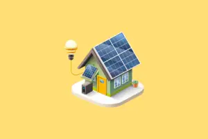 Solarenergie-Haus mit Solarpanelen auf dem Dach, Glühbirne leuchtet, nachhaltige Energie, gelber Hintergrund.