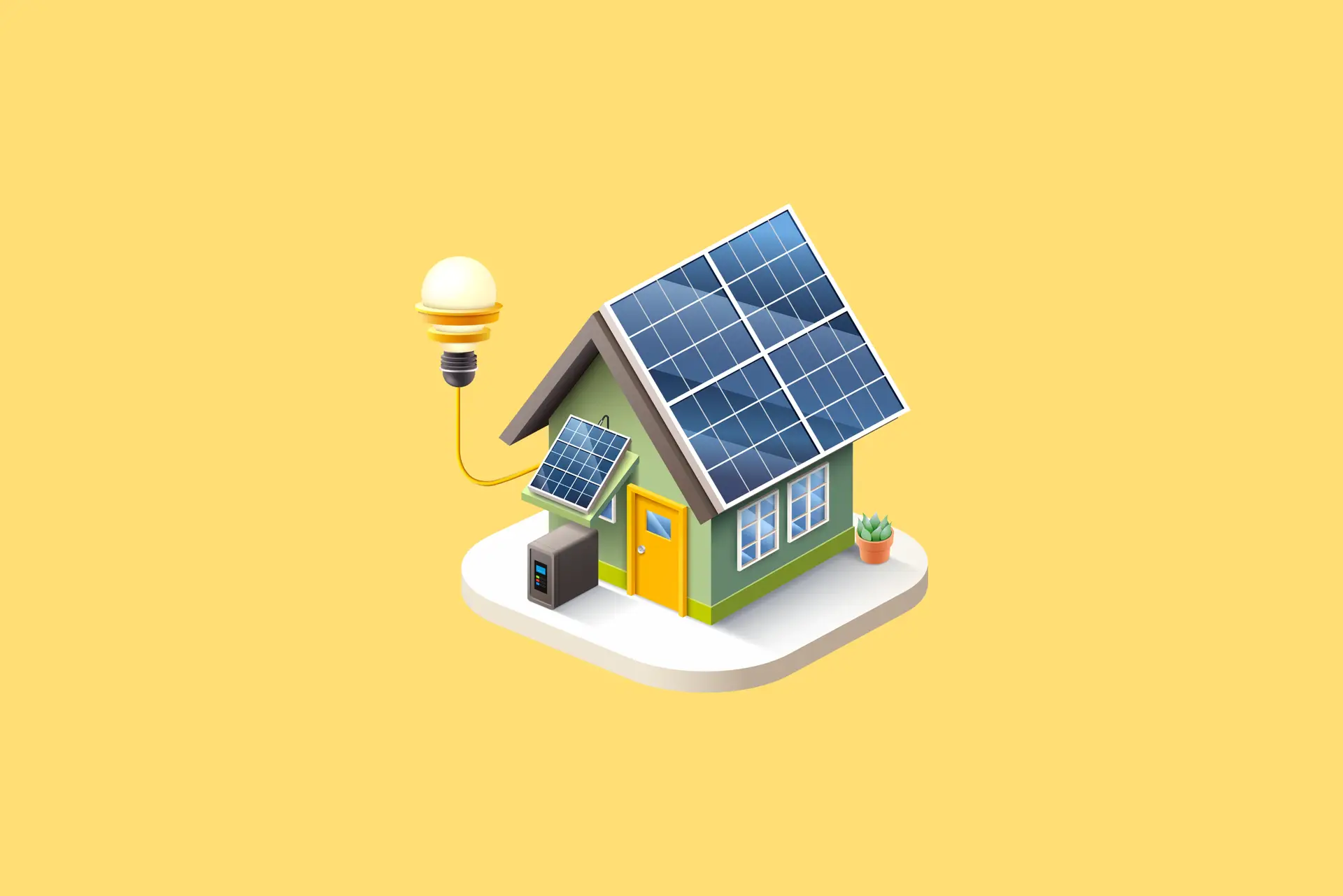Solarenergie-Haus mit Solarpanelen auf dem Dach, Glühbirne leuchtet, nachhaltige Energie, gelber Hintergrund.
