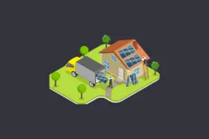 Installation von Solarmodulen auf einem Hausdach durch Arbeiter, mit einem Lieferwagen für den Transport der Paneele.