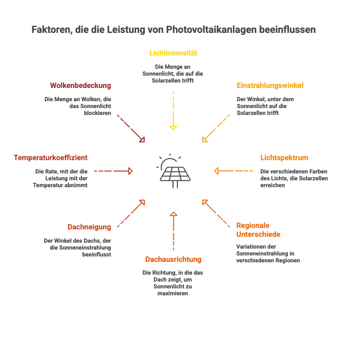 Diagramm: Faktoren, die die Leistung von Photovoltaikanlagen beeinflussen, wie Lichtintensität, Neigung, Wolkenabdeckung.
