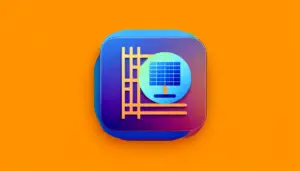 Multicolor-Icon mit Solarzellen-Symbol auf orangefarbenem Hintergrund. Symbolisiert erneuerbare Energien und Nachhaltigkeit.