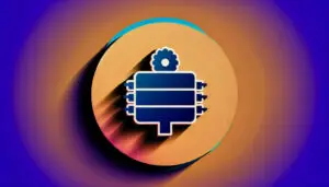 Abstrakte Darstellung eines blauen Getriebesymbols auf farbigem Hintergrund, symbolisiert Technik und Innovation.