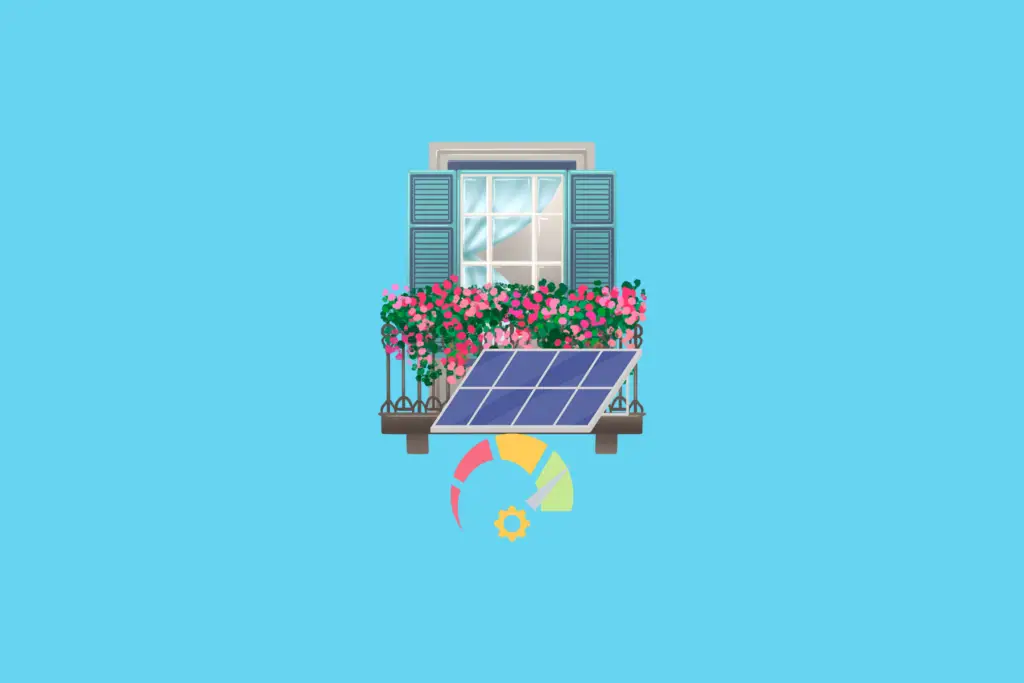 Fenster mit Solarpanel und blühendem Balkon, blauem Himmel und Energieanzeige im Hintergrund.