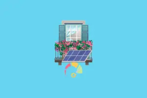 Fenster mit Solarpanel und blühendem Balkon, blauem Himmel und Energieanzeige im Hintergrund.