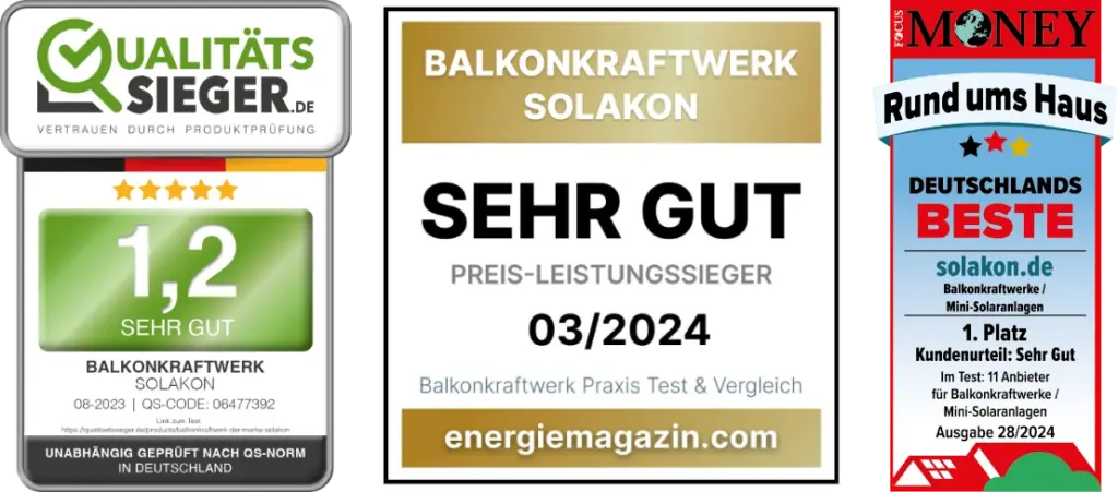 Balkonkraftwerk SOLAKON mit Bestnoten: Qualitätssieger, Preis-Leistungssieger, Deutschlands Beste im Test 2024.