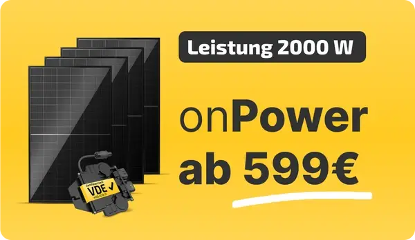 Solaranlage onPower mit 2000 W Leistung, ab 599€, gelber Hintergrund, solarzertifiziertes VDE-Abzeichen.