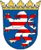 Wappen von Hessen mit rotem und weißem Löwen, goldener Krone auf blauem Hintergrund. Symbol der deutschen Region Hessen.