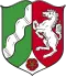 Wappen von Nordrhein-Westfalen mit einem Pferd, einem Fluss und einer Rose, symbolisiert das Bundesland in Deutschland.