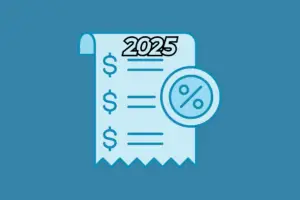 Illustration einer Quittung mit Dollarzeichen, Jahr 2025 und Prozentzeichen-Symbol auf blauem Hintergrund.