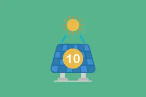 Solarpanel mit Sonne und der Zahl 10, Symbol für erneuerbare Energie und Solarleistung.