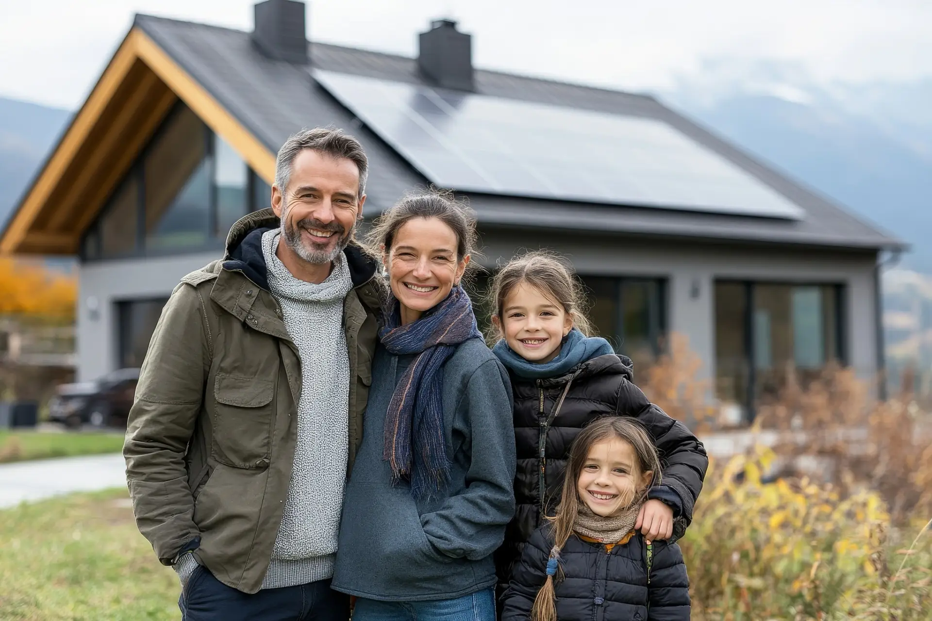 Familie posiert glücklich vor modernem Haus mit Solaranlage in ländlicher Umgebung. Nachhaltiges Wohnen im Grünen.