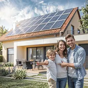 Glückliche Familie vor ihrem Haus mit Solarpanels auf dem Dach für nachhaltige Energie.