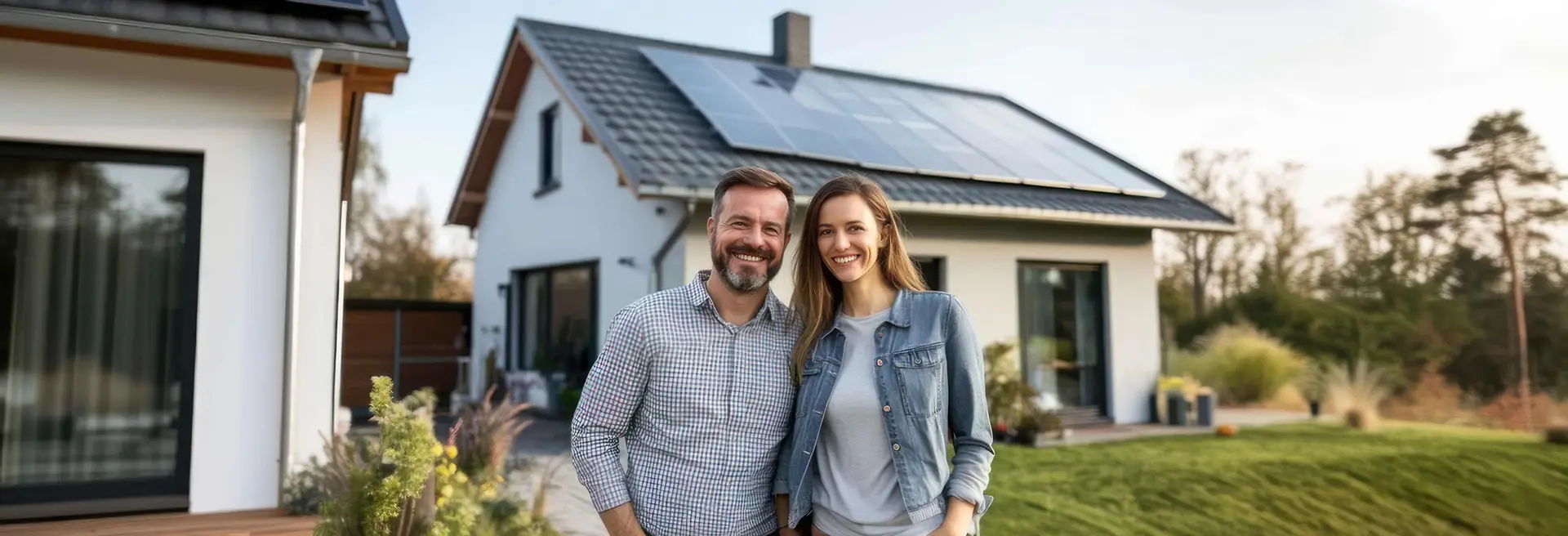 Paar steht vor einem modernen Einfamilienhaus mit Solaranlage auf dem Dach, eingerahmt von Natur.