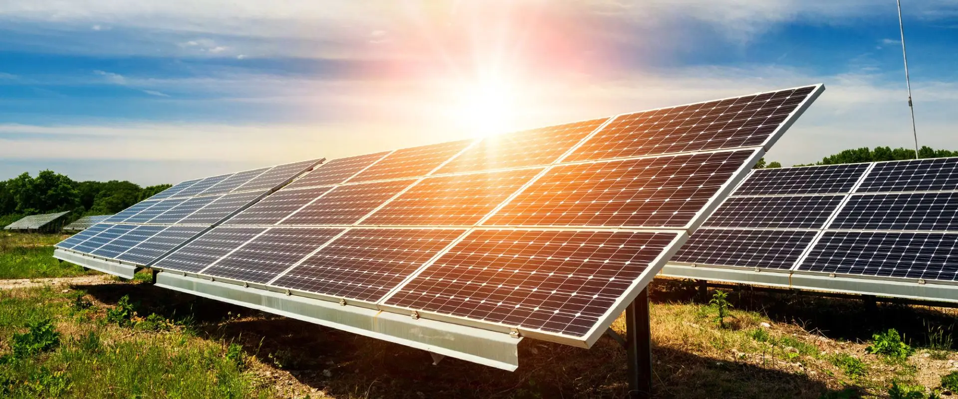 Solarmodule im Sonnenlicht auf einem Feld, effiziente Energieerzeugung durch Solarenergie, nachhaltige Stromquelle.