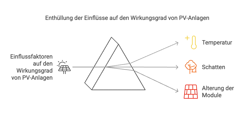 Photovoltaik Wirkungsgrad nach 20 Jahren. Temperatur, Schatten und Alterung der Module sind Einflussfaktoren.