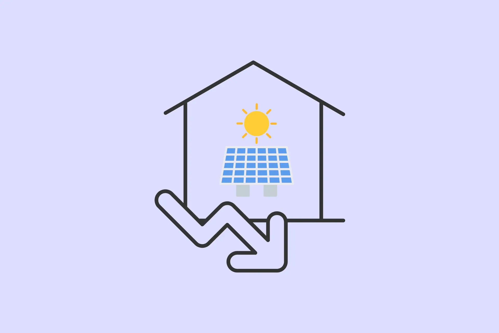 Haus mit Solarpanel und Sonne, zeigen Energieeinsparung durch Solarstrom. Pfeil deutet auf Kostenreduktion.