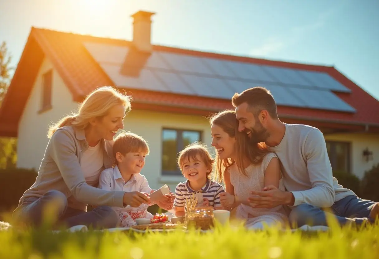 Fröhliche Familie beim Picknick im Garten, Haus mit Solaranlage im Hintergrund, Sonnenschein und gute Laune.