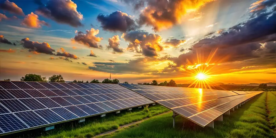 Solarpaneele bei Sonnenuntergang in malerischer Landschaft, nachhaltige Energiegewinnung in der Natur.