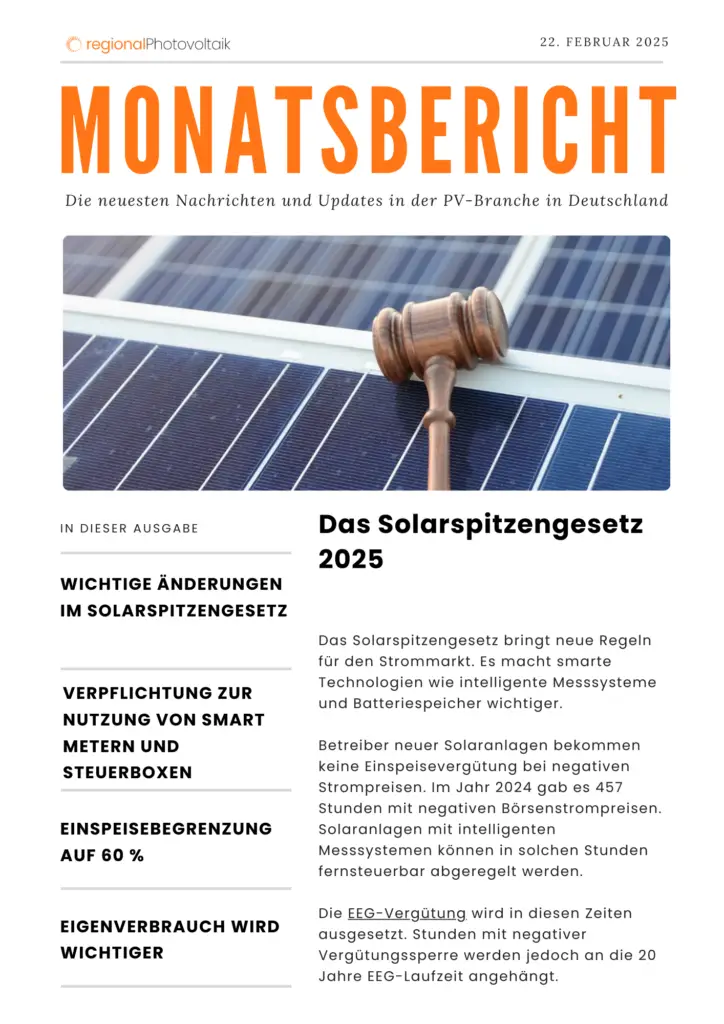 Monatsbericht über das Solarspitzengesetz 2025 und wichtige Änderungen in der deutschen PV-Branche.