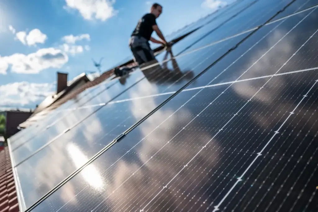 Monteure installieren Solarmodule auf einem Dach unter sonnigem Himmel.