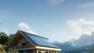 Umweltfreundliches Haus in den Bergen mit Solaranlage unter blauem Himmel.