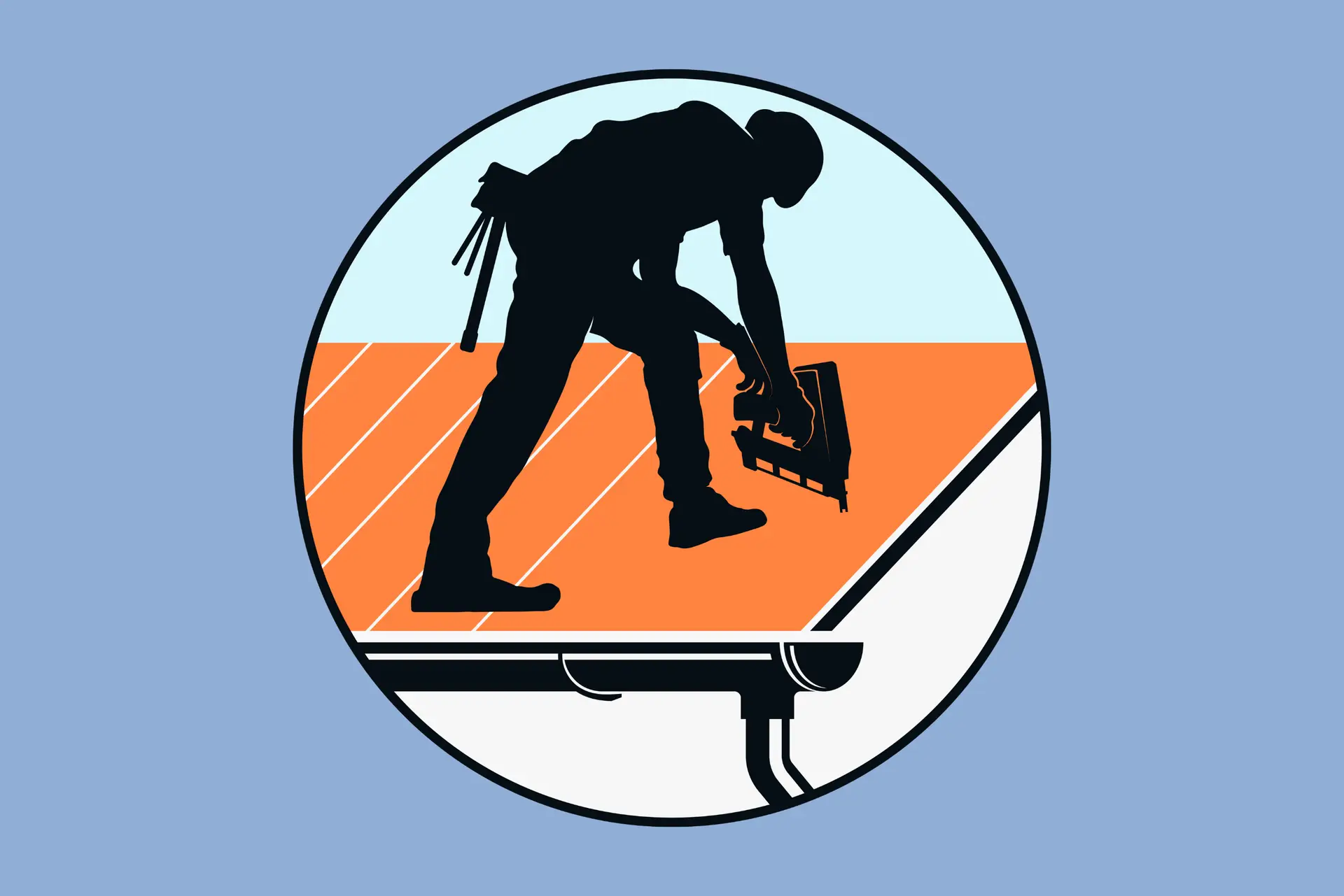 Dachdecker bei Arbeiten auf einem Dach mit Werkzeug. Silhouette vor blauem Hintergrund und orangefarbener Fläche.