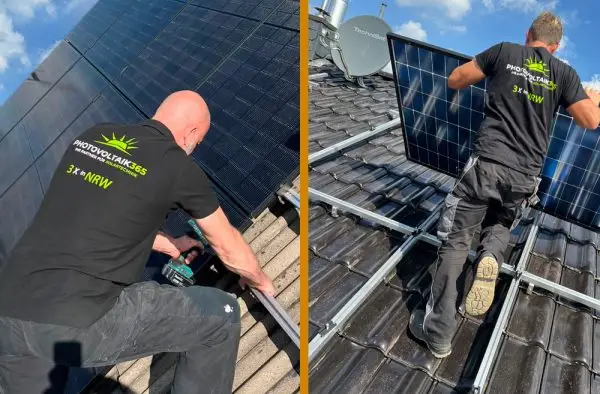 Installateure montieren Solarmodule auf einem Dach bei sonnigem Wetter.