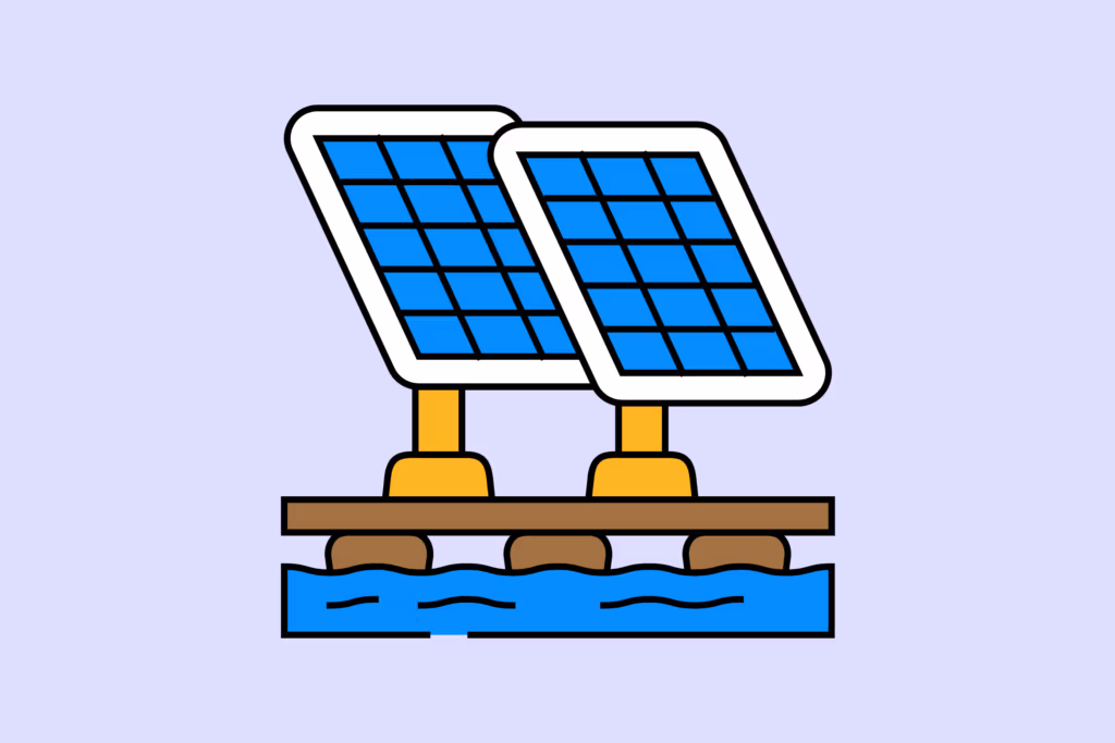 Zwei schwimmende Solarpanels auf Wasser, erneuerbare Energiequelle, umweltfreundliche Technologie.