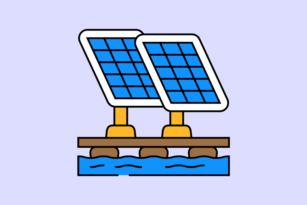 Zwei schwimmende Solarpanels auf Wasser, erneuerbare Energiequelle, umweltfreundliche Technologie.