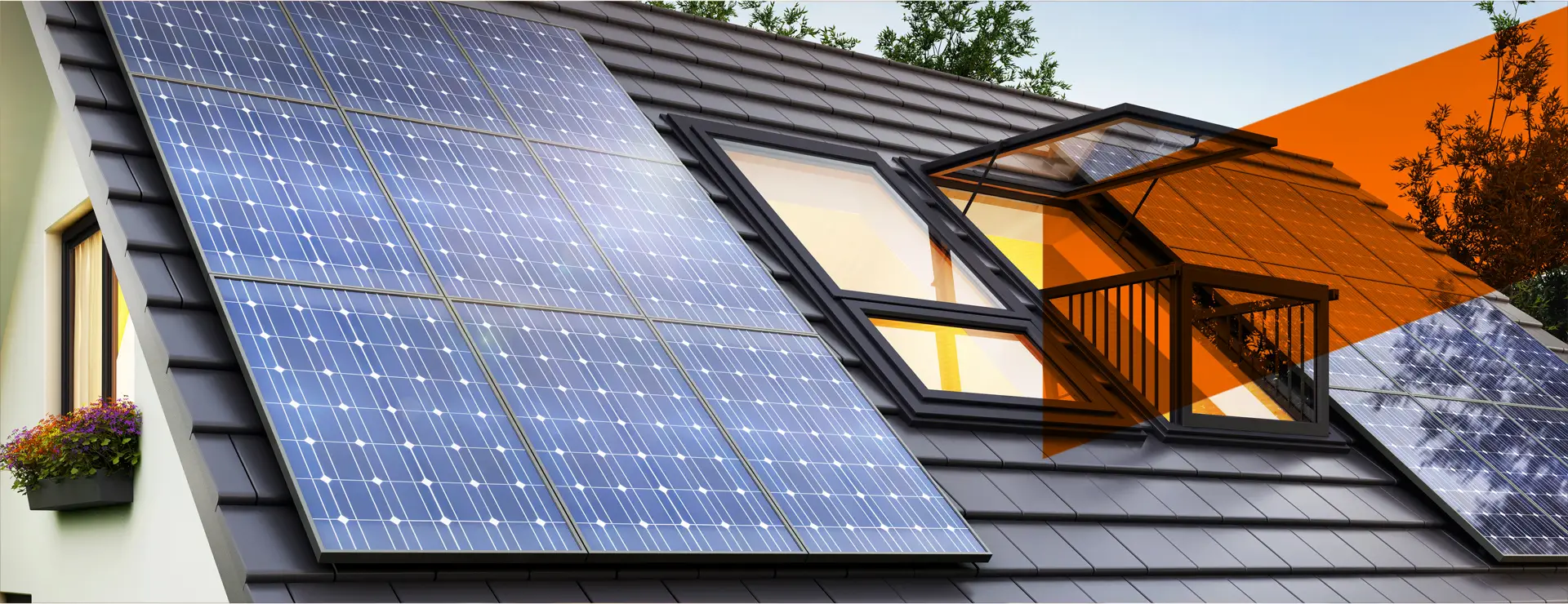 Solarmodule auf einem Hausdach mit öffnendem Dachfenster, nachhaltige Energie.