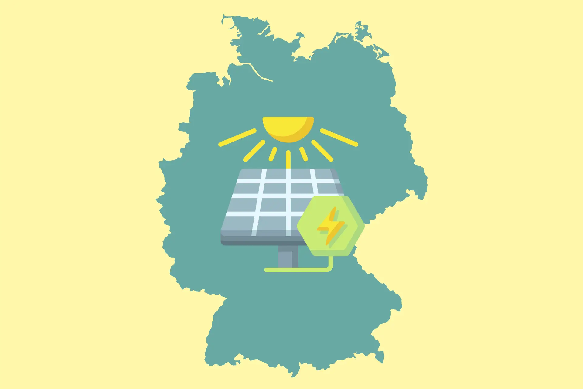 Karte Deutschlands mit Solarpanel und Sonne, symbolisiert erneuerbare Energien und Solarenergie in Deutschland.