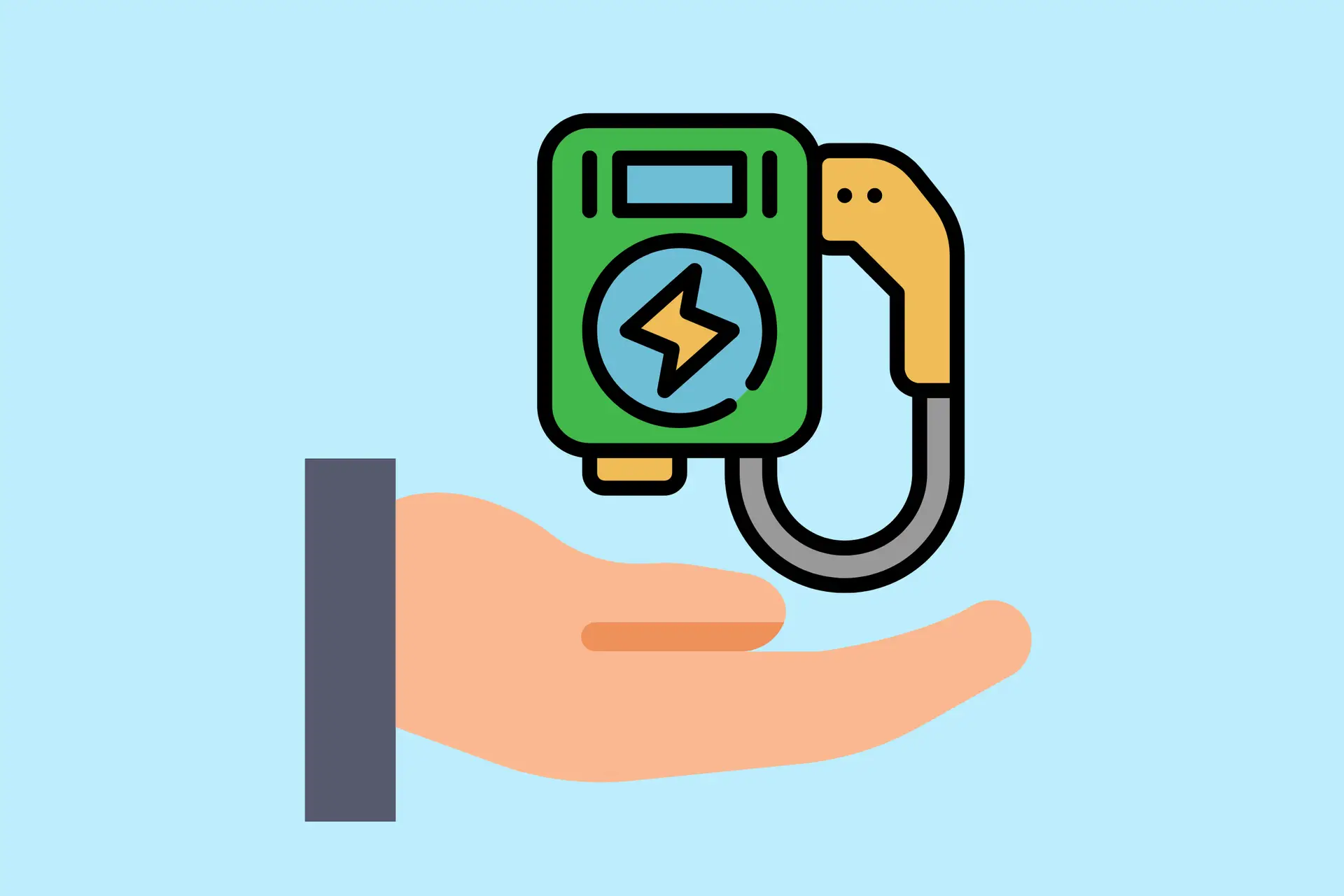 Hand hält ein grünes elektrisches Ladekabel mit Blitzsymbol, nachhaltige Energie auf blauem Hintergrund.