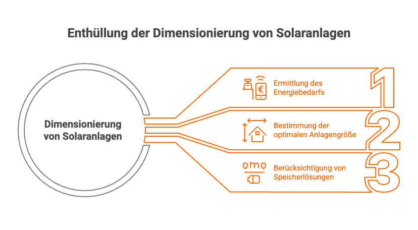 Diagramm zur Dimensionierung von Solaranlagen mit Schritten zur Ermittlung des Energiebedarfs, optimaler Größe und Speicherung.