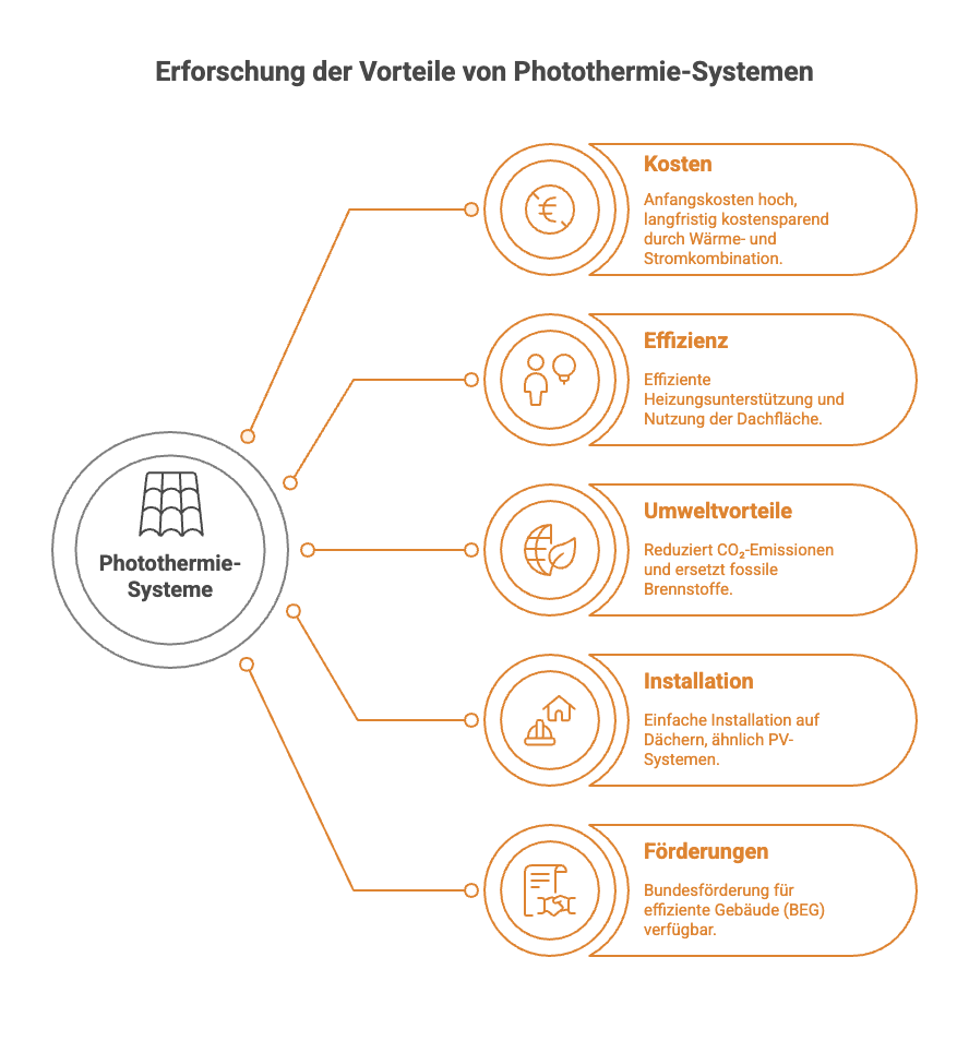 Infografik zu Photothermie: Vorteile, Kosten, Effizienz, Umweltvorteile, Installation und Förderungen übersichtlich dargestellt.