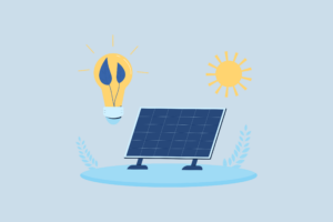 Solarenergie-Illustration mit Sonnenkollektor, Glühbirne und Sonne. Nachhaltige Energiequelle für umweltfreundliche Stromerzeugung.