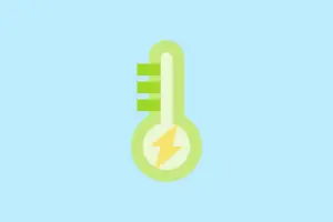 Illustration eines grünen Thermometers mit Blitzsymbol auf blauem Hintergrund, symbolisiert Temperatur und Energie.