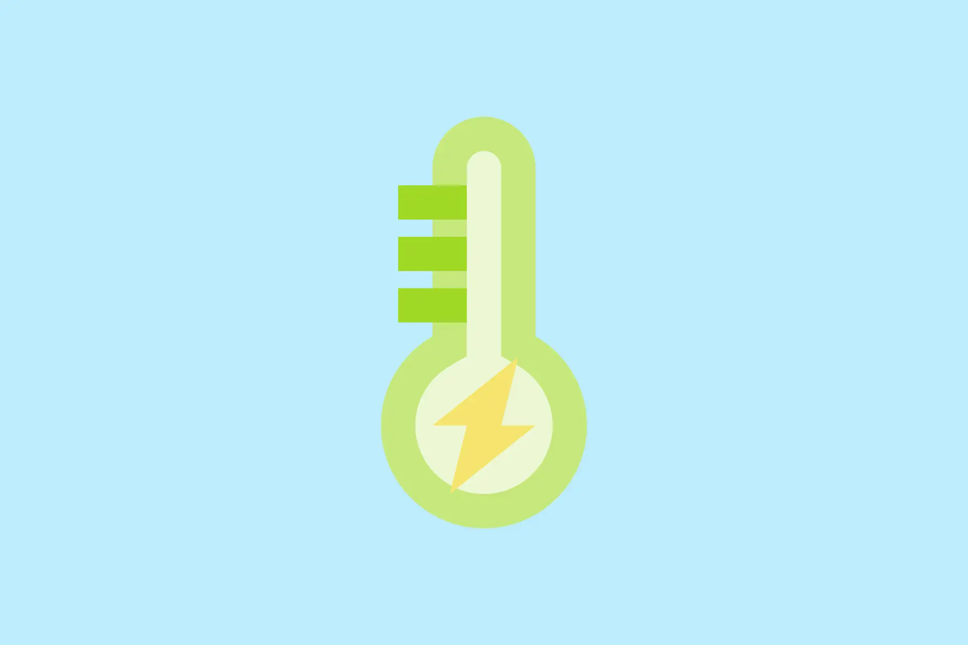 Illustration eines grünen Thermometers mit Blitzsymbol auf blauem Hintergrund, symbolisiert Temperatur und Energie.