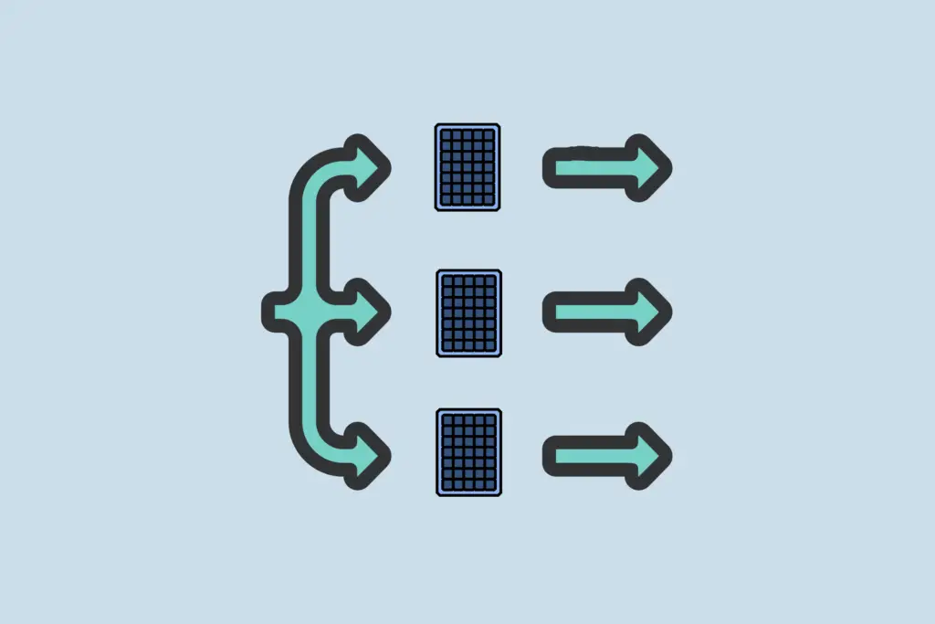 Diagramm mit Pfeilen und Dreiecken für Datenfluss und -organisation auf blauem Hintergrund. Eine Darstellung von Parallel geschalteten Solarmodulen.