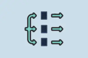 Diagramm mit Pfeilen und Dreiecken für Datenfluss und -organisation auf blauem Hintergrund. Eine Darstellung von Parallel geschalteten Solarmodulen.