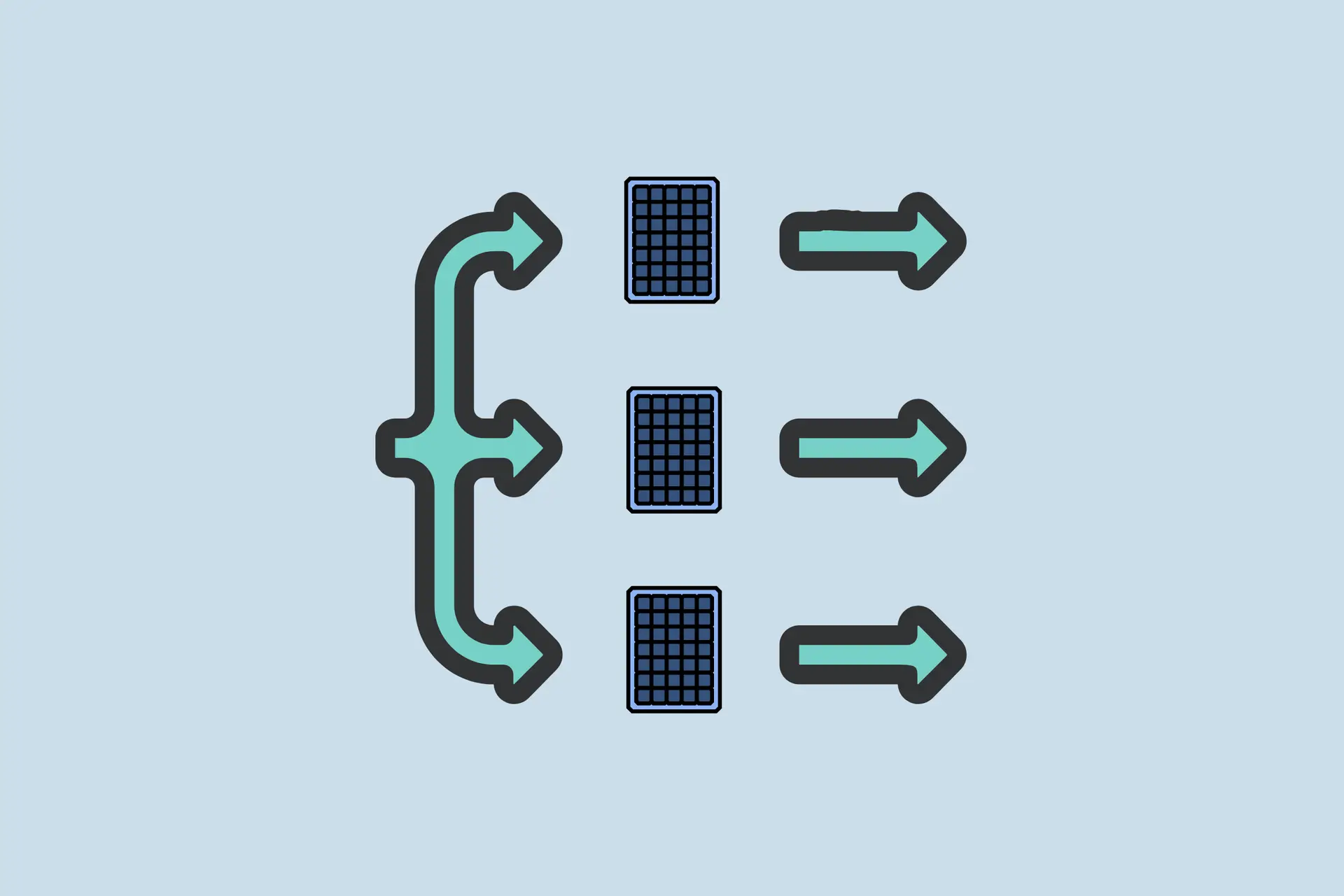 Diagramm mit Pfeilen und Dreiecken für Datenfluss und -organisation auf blauem Hintergrund. Eine Darstellung von Parallel geschalteten Solarmodulen.