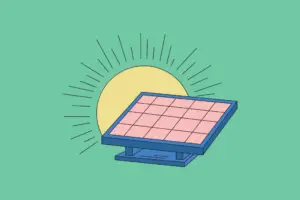 Illustration von Solarmodul vor Sonne, symbolisiert nachhaltige Energiegewinnung und die umweltfreundliche Topcon Modul Technologie.