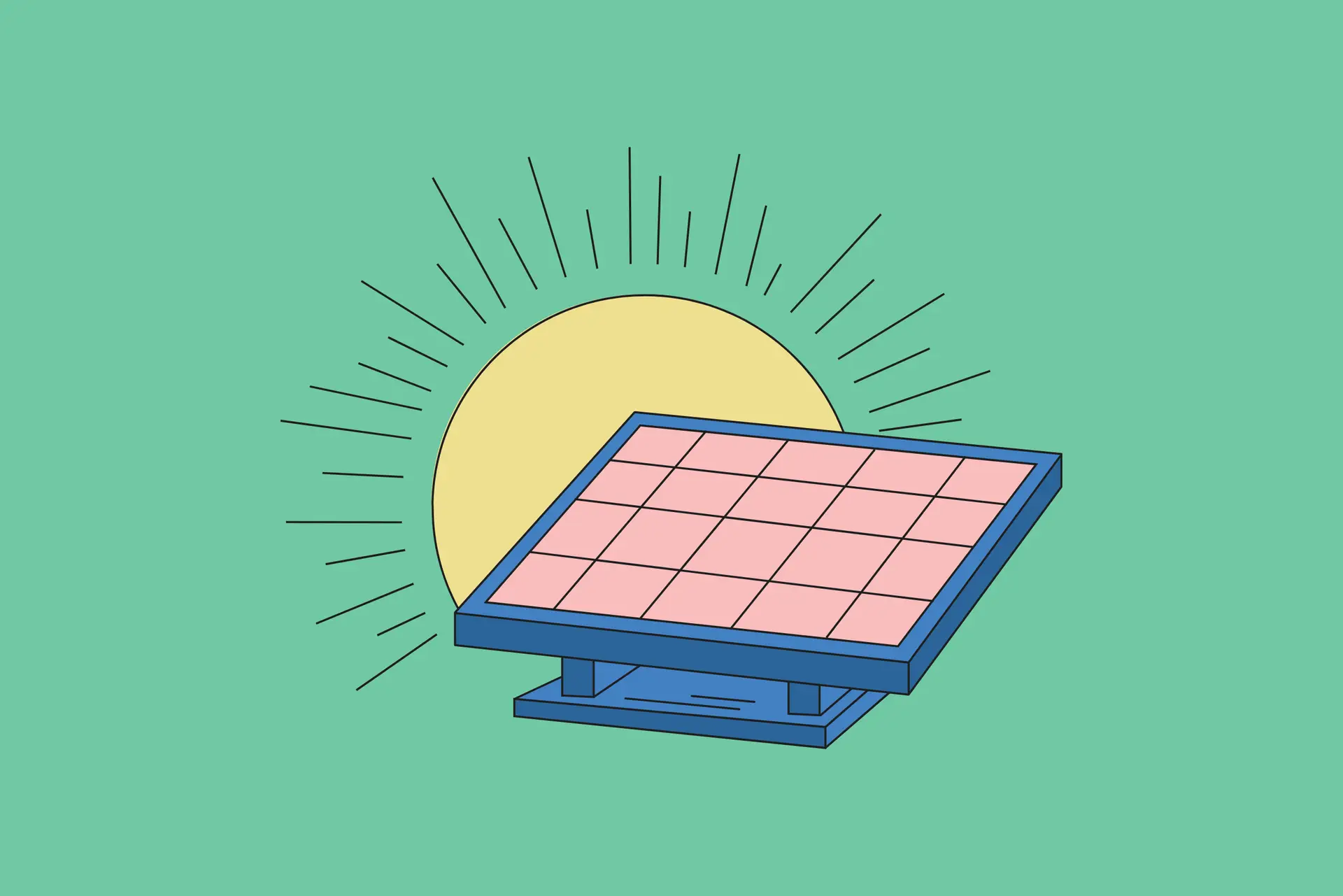 Illustration von Solarmodul vor Sonne, symbolisiert nachhaltige Energiegewinnung und die umweltfreundliche Topcon Modul Technologie.
