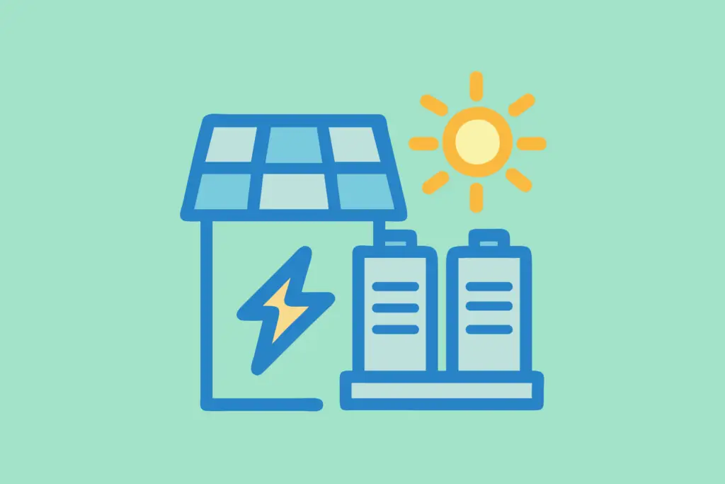 PV Speicher Icon: Solarpanel, Batterien und Sonne, symbolisiert erneuerbare Energie und nachhaltige Stromspeicherung wie beispielsweise ein BYD Speicher.
