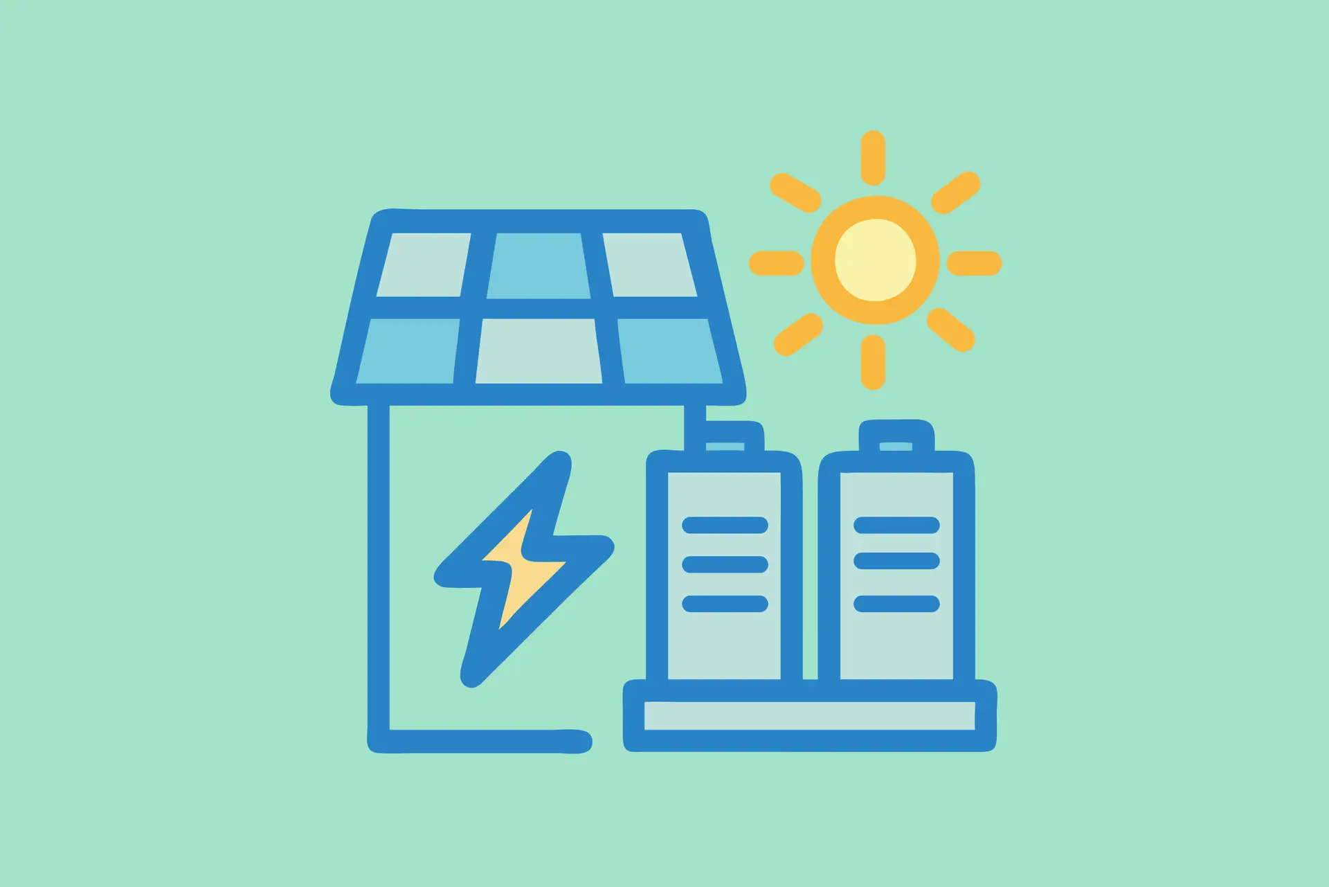 PV Speicher Icon: Solarpanel, Batterien und Sonne, symbolisiert erneuerbare Energie und nachhaltige Stromspeicherung wie beispielsweise ein BYD Speicher.