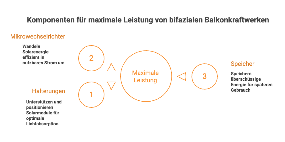 Diagramm: Komponenten für maximale Leistung bifazialer Balkonkraftwerke mit Halterungen, Mikrowechselrichter und Speicher.