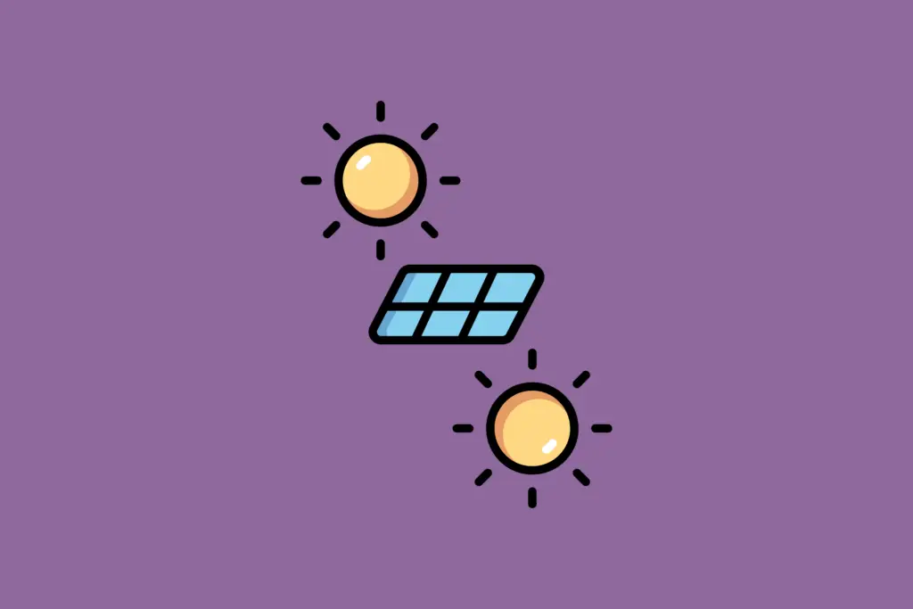 Solarmodul mit zwei Sonnen auf lila Hintergrund, Symbol für erneuerbare Energien und Balkonkraftwerk bifazial.