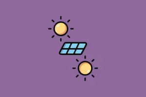 Solarmodul mit zwei Sonnen auf lila Hintergrund, Symbol für erneuerbare Energien und Balkonkraftwerk bifazial.