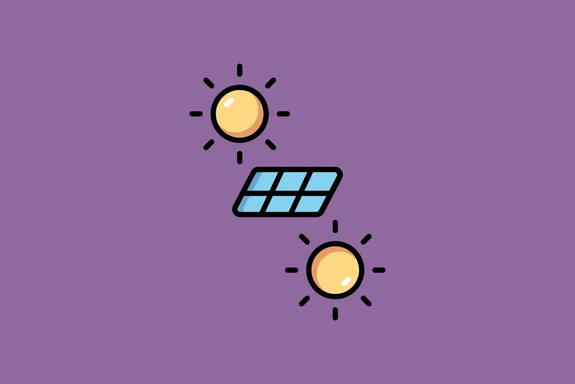 Solarmodul mit zwei Sonnen auf lila Hintergrund, Symbol für erneuerbare Energien und Balkonkraftwerk bifazial.
