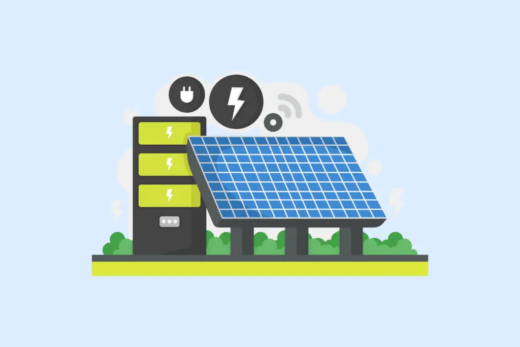Illustration eines Balkonkraftwerk mit 2000 Watt und Akkus zur erneuerbaren Energiegewinnung und -speicherung.
